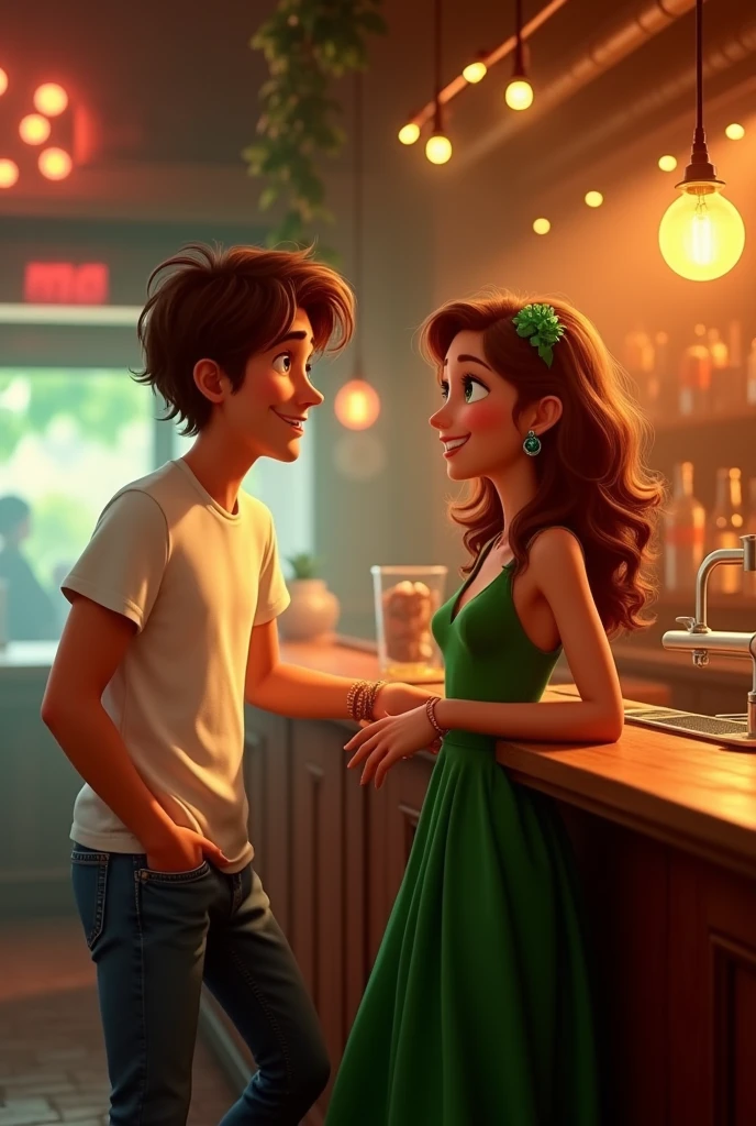 A young man with white t-shirt and jeans , brown hair and green eyes talking to a gorgeous girl with brown hair and green eyes wearing a green midi dress in a bar , pixar style, cinematic, masterpiece, high-aesthetic, realistic