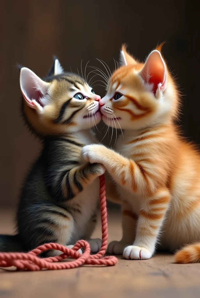 The kitten is finally freed from the yarn, and the two cats nuzzle each other. The image should evoke a sense of warmth and safety.