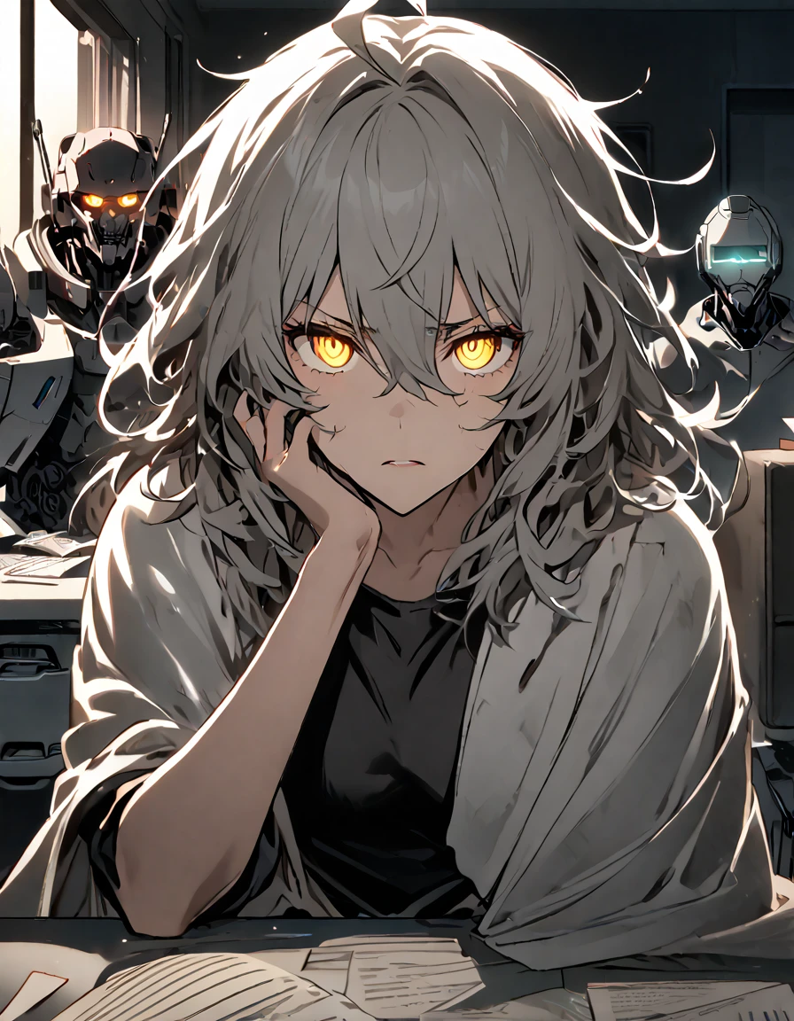 mature, Golden eyes, looking at viewer, female, hospital room background, messy hair, grey shoulder-length hair, parted lips, hair between eyes, ahoge, background in low light, dark, night, emotionless, damaged left eye, exposed eye socket, robot, white cloak, black shirt, robotic left eye, sitting down, desk, papers, glowing eyes, frown, hand on face