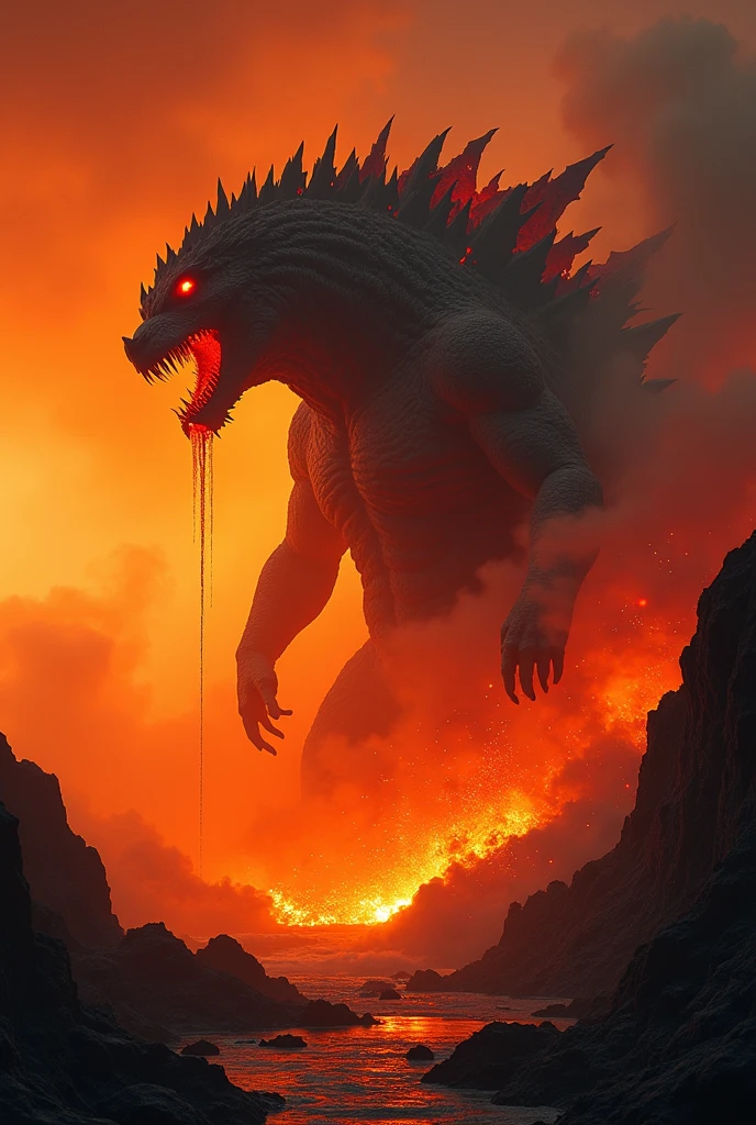 big Demon like godzilla with red eyes climbing out of volcano, lava dripping down from his eyes, nose and mouth, dripping lava from his eyes mouth