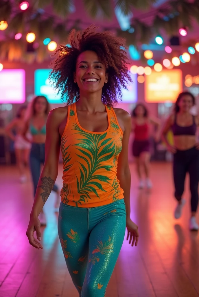a Zumba dance instructor with flair dancing happily