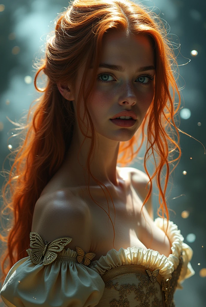 (solo, full body photo:1.3), (action packed:1.3), (haze, fog, mist:1.3), chiaroscuro, best quality, photorealistic, 1woman, (cute), (24yo:1.2), redhead, long ginger hair highly detailed, 1700'S, digital photography, art by artgerm and ruan jia and greg rutkowski surreal painting gold butterfly filigree, broken glass, (masterpiece, sidelighting, finely detailed Fashionable eyes: 1.2) (perfect oval large eyes that gazes at the viewer), beautiful detailed face, blue gorgeous perfect eyes, (blonde hair ponytail), (attractive young woman:1.3), (thick amazing hair), (seductive:1.1), (blushing:1.1) desnuda