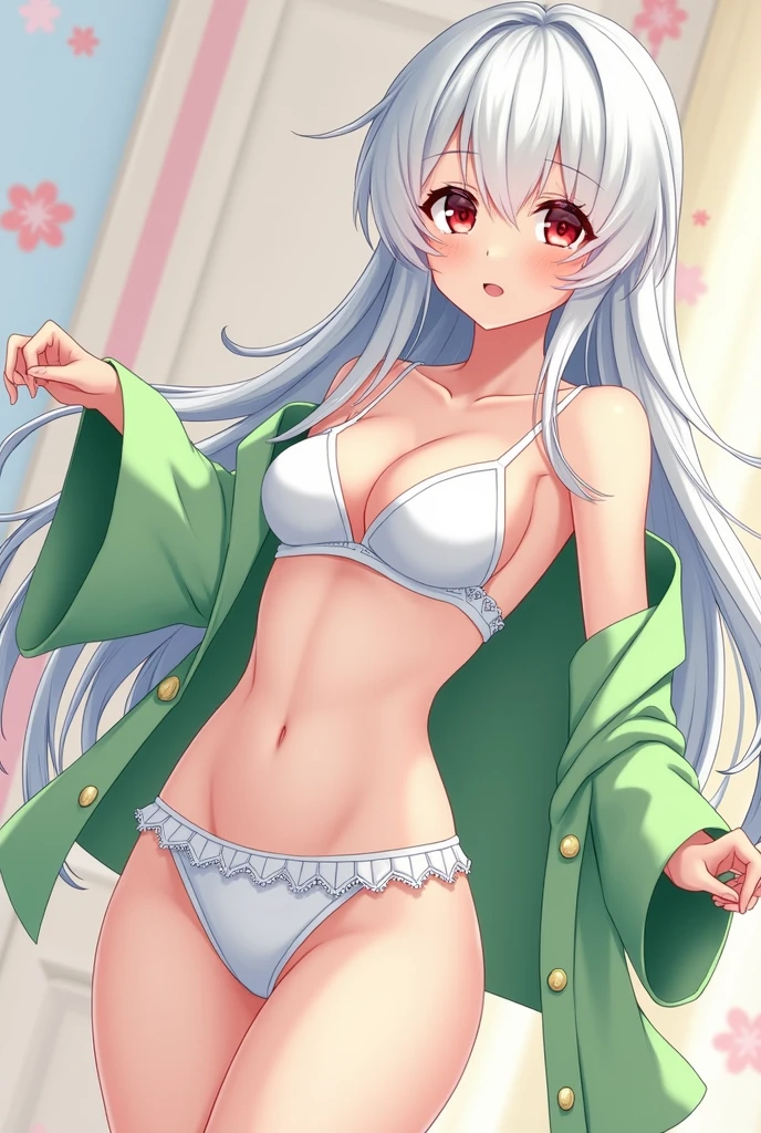 1 anime girl, by white, Red eyes, white eyelashes, in red lingerie