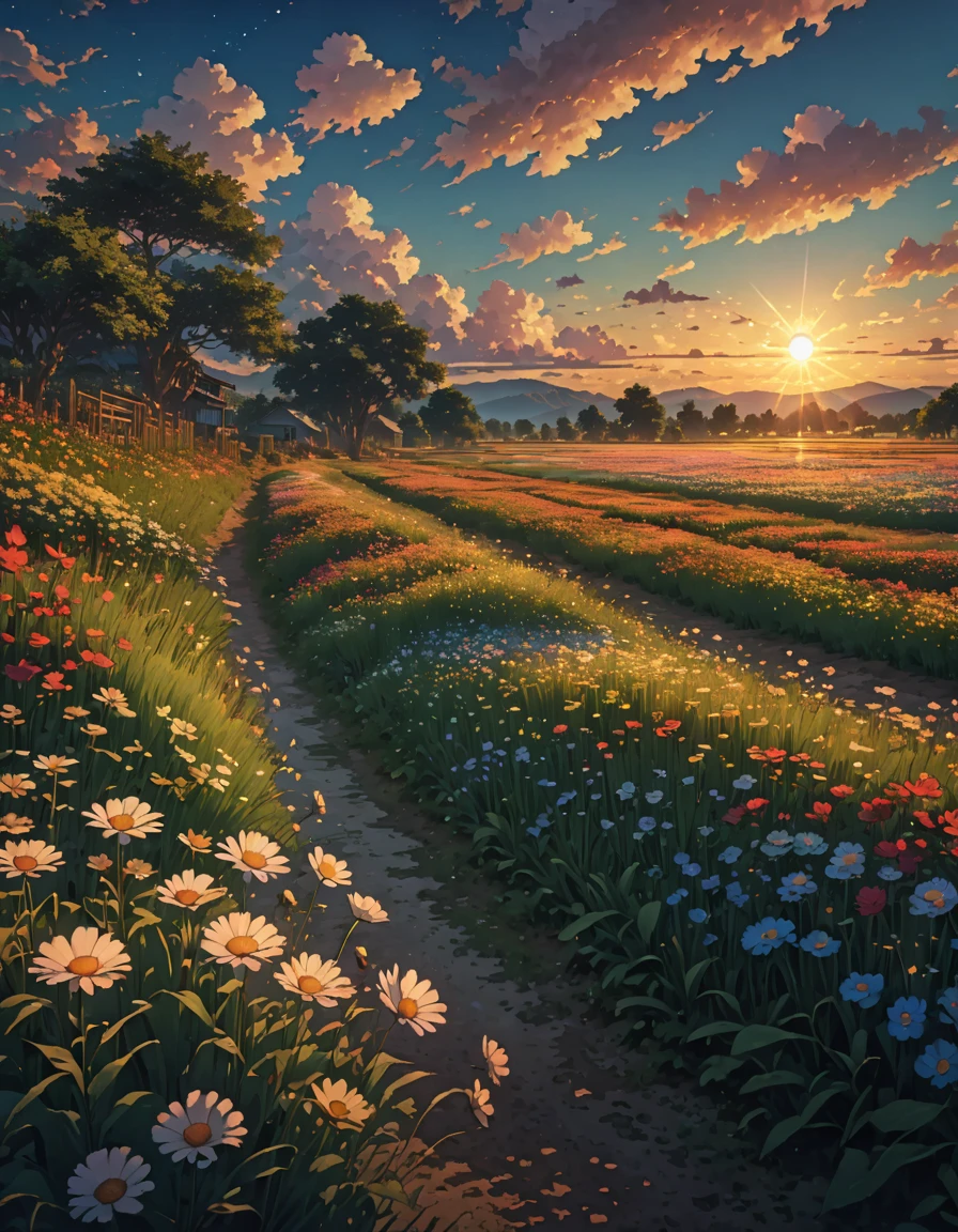 and clouds   twilight , Flower Fields, meadows, bright sun, enough!!!!!!!blue sky, stars, big clouds, 4k, Awesome, sharp, intricate details, (High resolution: 1.5), crowded,  tall grass, detailed plants and trees