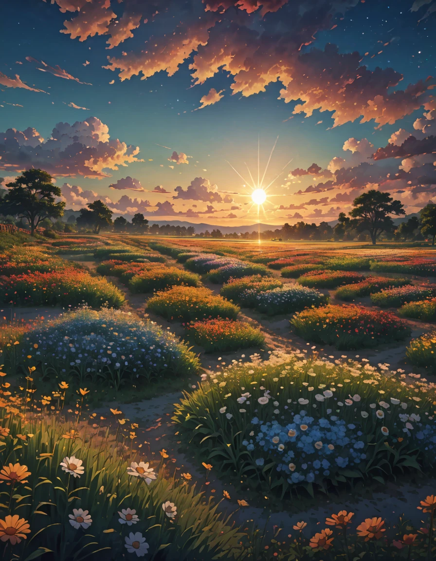 and clouds twilight , Flower Fields, meadows, bright sun, enough!!!!!!!blue sky, stars, big clouds, 4k, Awesome, sharp, intricate details, (High resolution: 1.5), crowded, tall grass, detailed plants and trees