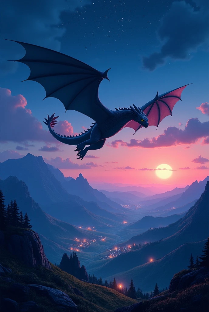 Create a wallpaper for my notebook about how to train your dragon, preferably with the scenery at dusk or night 