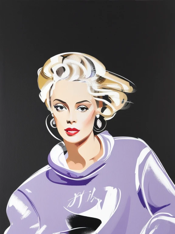 Blonde woman lilac sweatshirt oil painting fashion illustration David Downton style