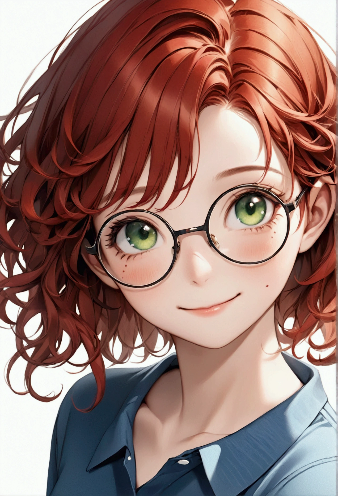 photorealistic, half-length portrait, a fashion smiling young woman, green eyes, red curly hair, freckles. wearing yellow round glasses, blue polo shirt, white background, high resolution, intricate details, 8k