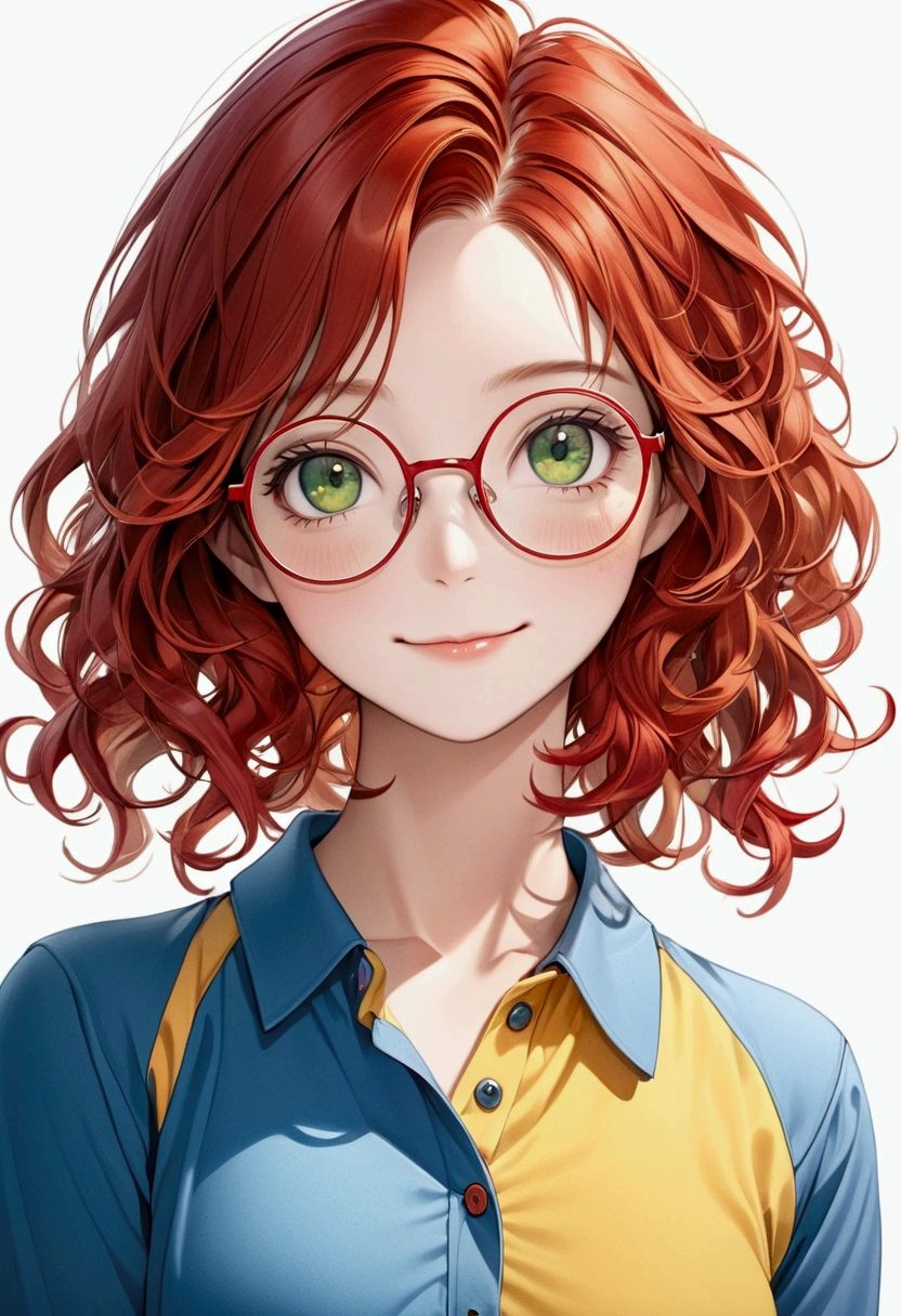 photorealistic, half-length portrait, a fashion smiling young woman, green eyes, red curly hair, freckles. wearing yellow round glasses, blue polo shirt, white background, high resolution, intricate details, 8k
