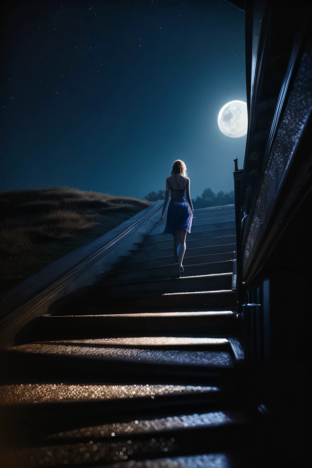 A first-person view of a man looking up, with his hand dramatically outstretched towards the night sky. From a distance, a blonde girl with slightly curly hair falling to her waist walks away, ascending a glass staircase that shatters with each step. The shards fall, sparkling like a shower of shimmering glass. She wears a dazzling blue lunar-themed dress and is gazing at the enormous, bright blue full moon that shines intensely above her, illuminating the scene with an ethereal, magical glow. SHE'S SKINNY and HAS NO CURVES. Schizoid girl, He is turning his back, walking away, climbing the stairs towards the bright moon.! It's far away. Your hair is long, and she is alone!