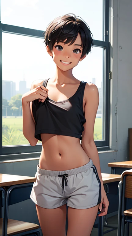 Highest quality、Realistic、、zoom、、Girl、look up、cute、Light grey eyes、Black Hair、short hair、Tanned brown skin、Dark Skin、Sports Bra、shorts、Shy laugh、Flat Chest、Bust Shot、thin、classroom
