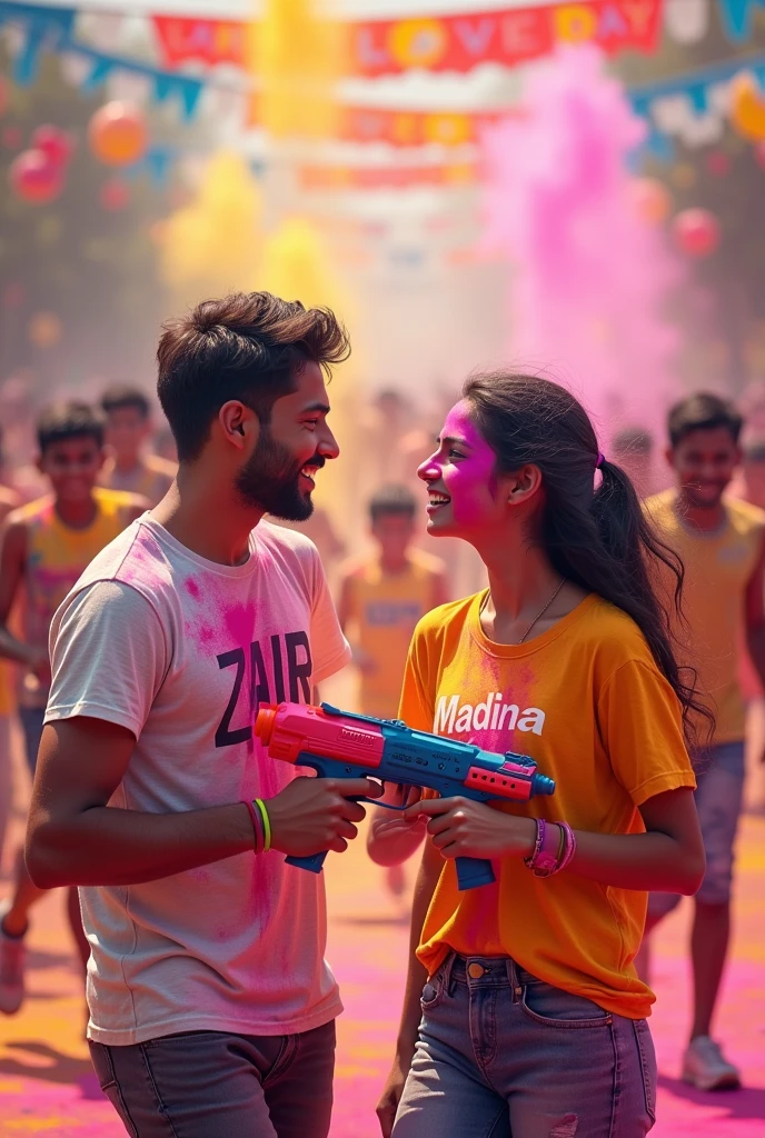 A 25 year old Indian cute couple playing Holi and celebrating the Indian festival Holi by throwing coloured powder (abir) at each other and water guns filled with colourful water. “Zain” is written on the boy’s T-shirt and “Madina” written on the girl’s t-shirt. Some children are also paying around in the background. “Love day” banner at the top, 3D art painting realistic photo with high resolution.