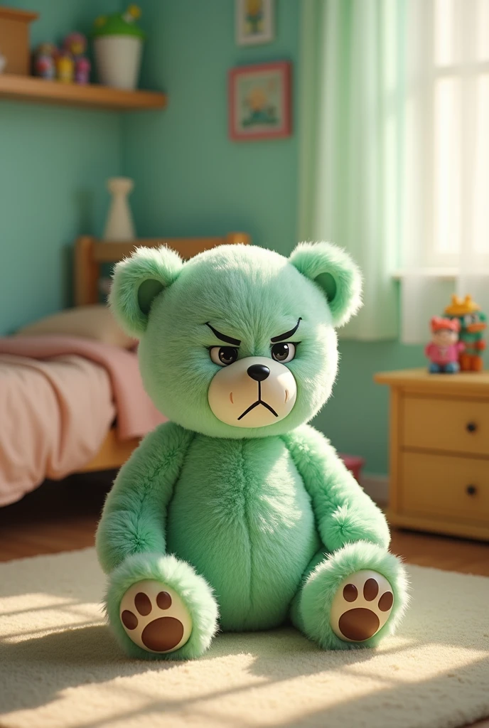 light green teddy bear with an angry expression