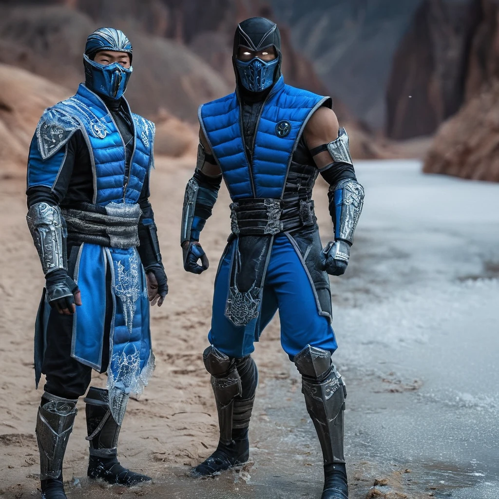 Kuai Liang),Sub-Zero with very little metal details in his outfit with his brother,(Noob Saibot),ultra-realistic with his powerful Mk11 dark,Sub-Zero Holding cold air in his hands and walking looking back at a Desert with sand and a completely frozen river completely frozen in Photo of Sub-Zero, Mortal Kombat, with blue ice powers costumes, faithful stume, 8k cinematic film, 2professional photography, custom, highly detailed costumes, detailed, dramatic lighting, cinematic, hyperrealistic, Costumes impeccable details 4k