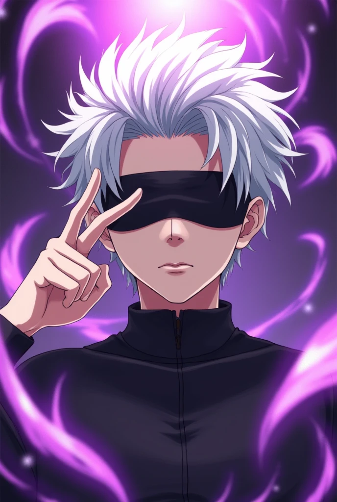Satoru Gojo, Youngh, white hair up,blindfolded,large sale up to the eyebrow,hand to the neck, middle finger crossing with the index finger,Purple Spell,anime image.