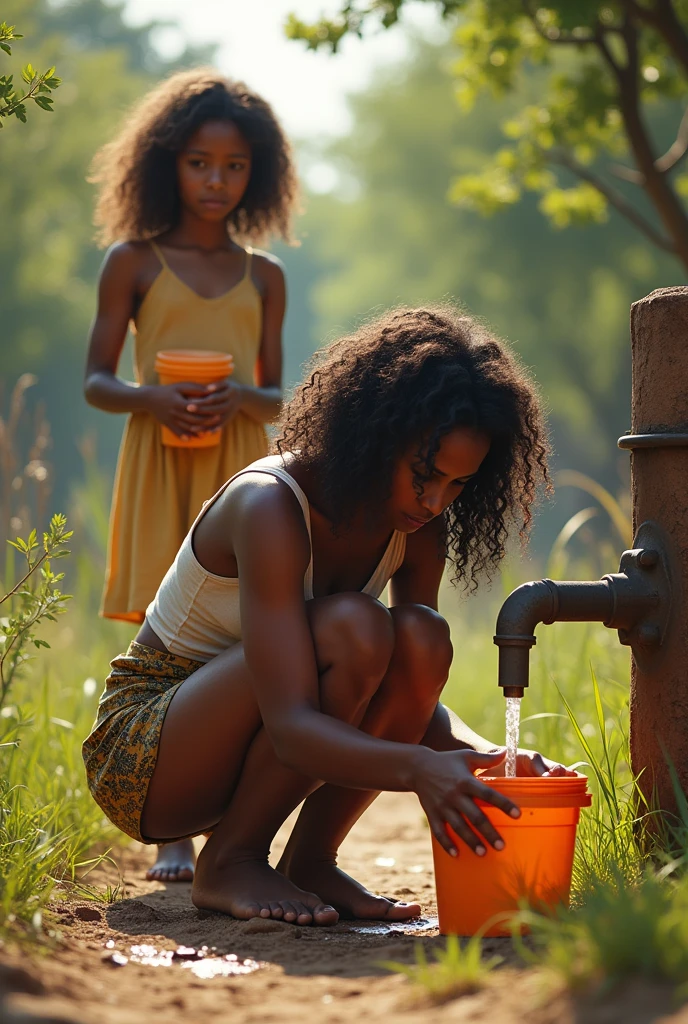 A beautiful African fair in complexion with a long curly full hair teenage girl. Holding a bucket and vomiting ( throwing up 🤮)near a tap and another older African teenage girl fair in complexion with a long curly full hair also holding a bucket standing behind the other girl. Both girls look sad( giving a neutral expression)
outside on a sunny afternoon.realistic paint