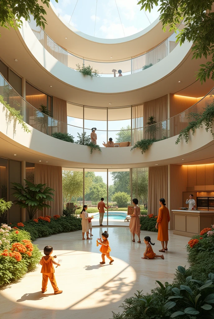 Make me a house with 5 figures that has to do with a radial architectural composition 