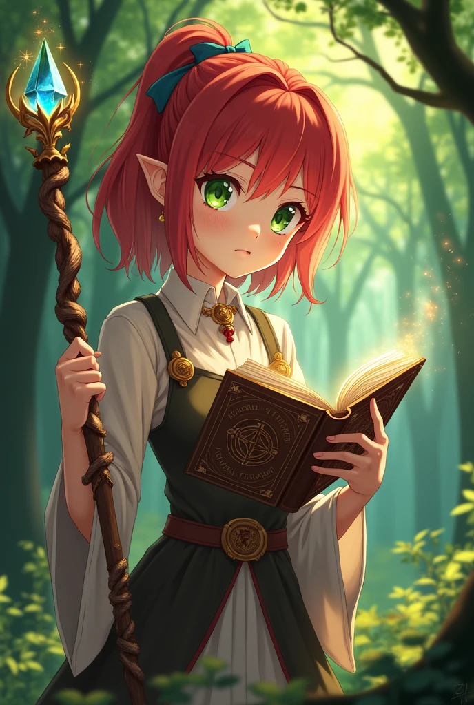 Anime-style red-haired girl with a grimoire and a staff, green eyes, and no ears.