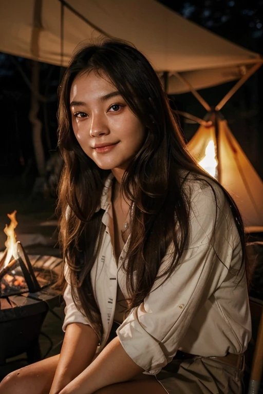 22 years old asian girl with long hair sit on the camp chair, brunette hair, full body, fit girl, big tits, tent, campfire, white shirt, blue jean short, white crocs, some facial imperfections, beautiful girl, to frown, highly detailed face, real human, ultra detailed, (texture:1.1) (realism:1.1)