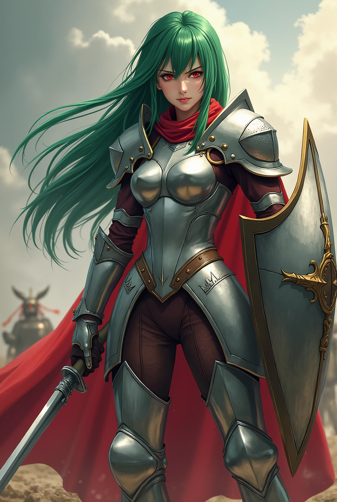 anime style, 37 year old woman, strong, long green hair, small bars on her head, wearing heavy armor, silver armor with small red details, silver armor, red cape, red eyes, greaves and plates covering her body, holding a spear protecting herself with a tower shield.