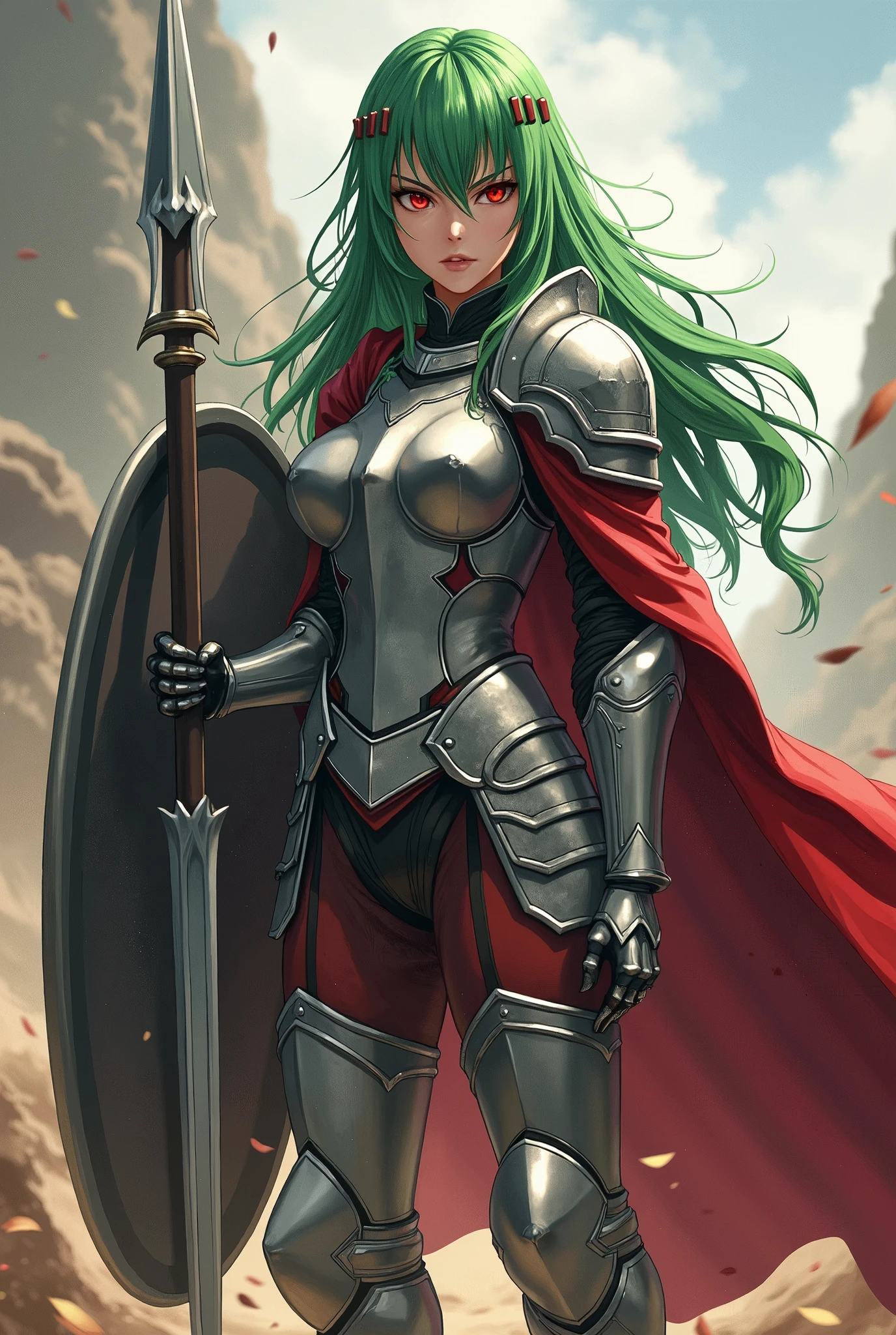 anime style, 37 year old woman, strong, long green hair, small bars on her head, wearing heavy armor, silver armor with small red details, silver armor, red cape, red eyes, greaves and plates covering her body, holding a spear protecting herself with a tower shield.