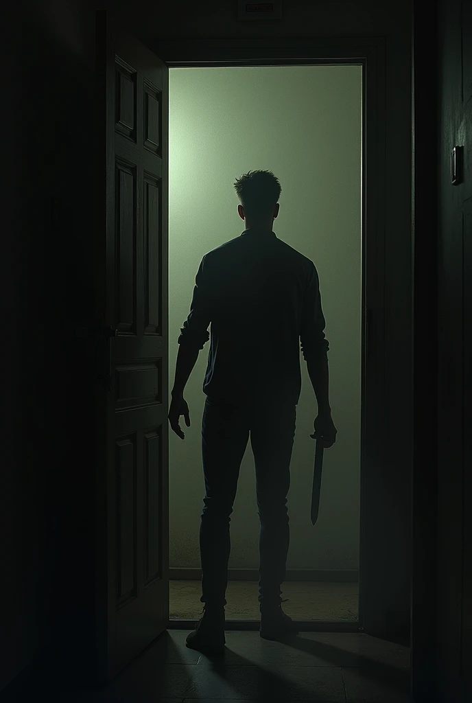 Claudinei opens the door of the house and walks slowly to João&#39;s room and when he looks through the crack in the door he sees João with a knife and a macabre look.
