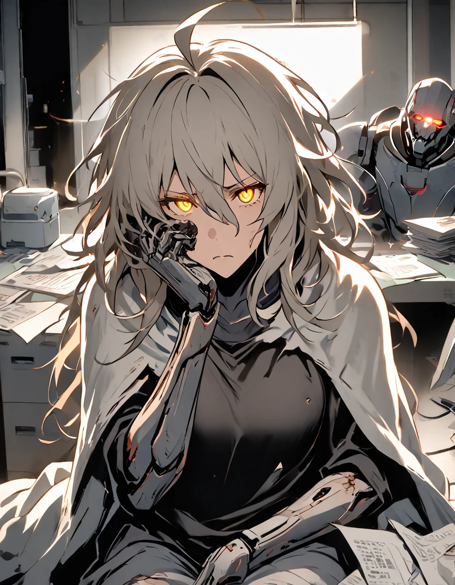 mature, Golden eyes, looking at viewer, female, hospital room background, messy hair, grey shoulder-length hair, parted lips, hair between eyes, ahoge, background in low light, dark, night, emotionless, damaged left eye, exposed eye socket, robot, white cloak, black shirt, robotic left eye, sitting down, desk, papers, glowing eyes, frown, hand on face, damaged arms