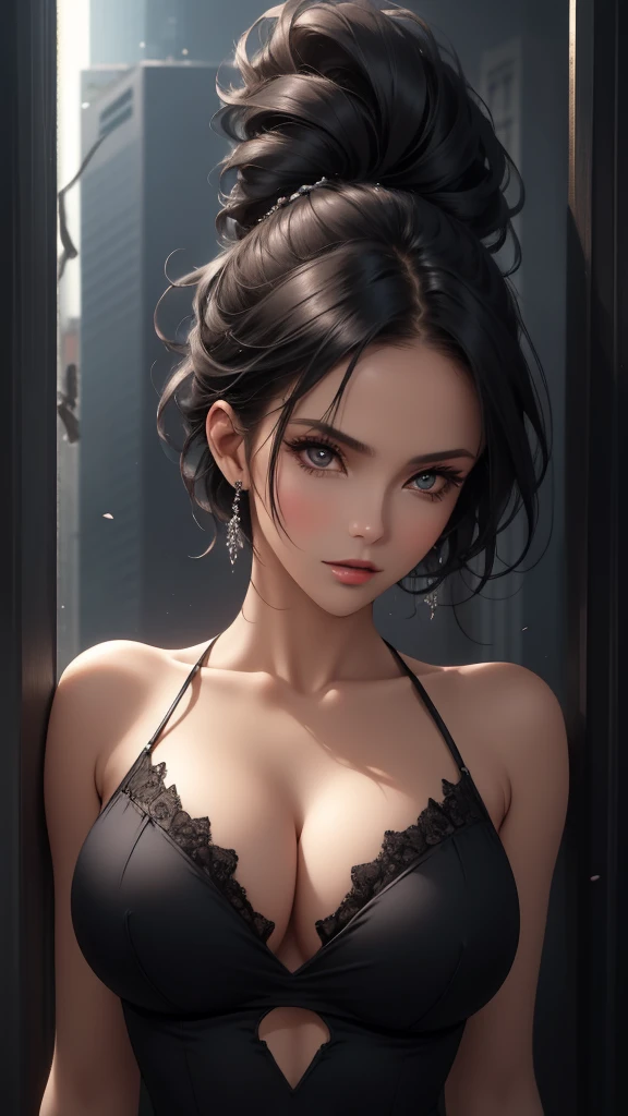 a sexy handsome woman, short dark hair, edgy, cool, perfect breasts, deep cleavage, black tight sexy sleeveless dress, detailed face, beautiful piercing eyes, beautiful lips, elegant, graceful, dynamic pose, dramatic lighting, cinematic, highly detailed