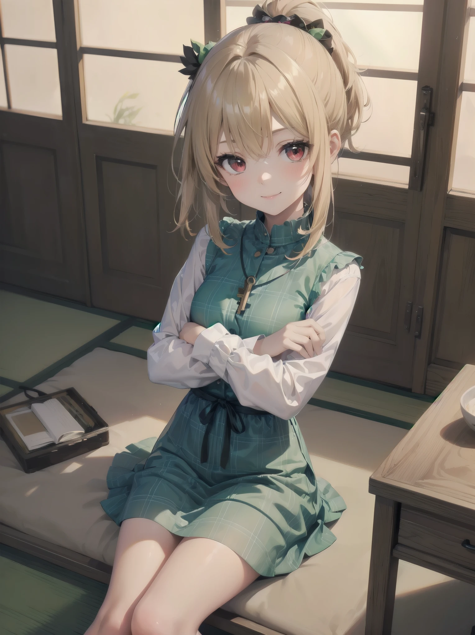 Girl in cute pose, (Masterpiece: 1.3), (Best Quality: 1.2), close-up of one beautiful girl, super hyper-detailed illustration,
BREAK
(Body type: girl, small breasts, slender,) charisma by nature,
BREAK
(Face: outstanding looks, mature beauty, ruby red eyes,)
BREAK
(Hairstyle: ponytail, long hair that ends around her chest, layers around her face, not much in the rest of her face. The rest of the hair is not so layered, giving the impression of a heavy haircut. The hair is smooth and straight, and the bangs are long enough to cover the eyes. They are parted and down so that the forehead is slightly visible. The key point is that both ends of the bangs are slightly cut to a length around the cheekbones. Blonde hair. (Lighter hair color than so-called brown or brown hair, half-up hair style tied on one side, left side half bunches or side ponytail),
BREAK
Less revealing dresses, plaid printed splicing dresses, vintage long-sleeved bodycon dresses,
BREAK
Bending forward, arms crossed behind the back, smiling, silky hair
BREAK
Background: warm room with wood grain and green, 7 tatami 1K natural interior, cosmetic table, bed, futon, cushion, chair, accessories, curtains, cute girlish room