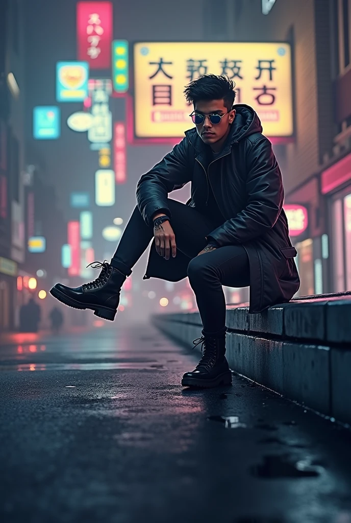 (appearance) a young man of South Asian race, with black hair, slightly narrow green eyes eyes, hair od future cyberpank, (suite) dressed in thick black old raincoat,narrow cyberpunk glasses with opaque colored lenses, rimless bottom, (effects) 8k quality, sharp focus,fine details, HDR, realism, realistic, key visual, film still, cinematic color grading, depth of field, background cyberpank, Night, neon light, (emotional) a stern face, with glowing eyes, A face in partial shade, expressive look, expressive face, sci-fi, telephoto shot, chromatic aberrations, tilt-shift effect, light leaks, expressive narrow eyebrows, narrow chin, adult face, in un orecchio 2 Piercing