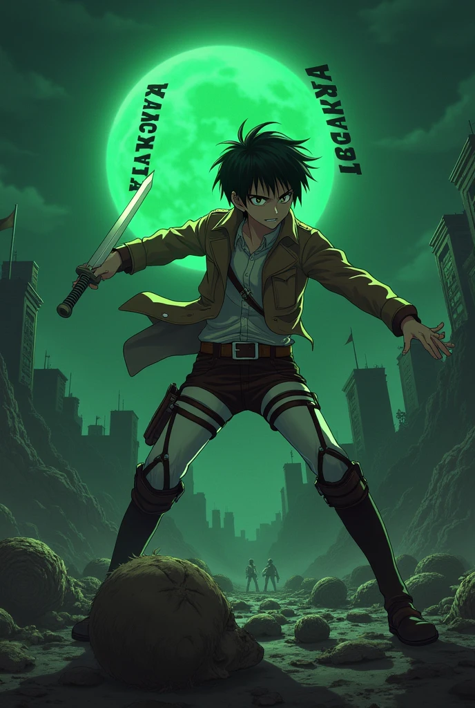 eren yeager in attack of titans cutting a titan head with the word ABSTRACT written on a green moon