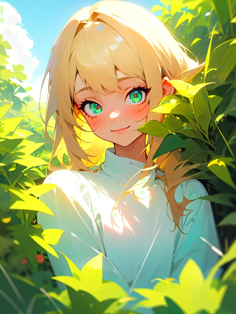 beautiful cute and gentle girl, hiding in the shrubs, blonde hair, green emerald eyes are glowing, shiny azure background with sky and clouds, mysterious look with gentle smile, blur and soft colors, non-portrait