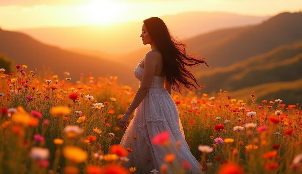 beautiful young mexican woman in hers 26 years, curvy body, amazin black eyes and long black hair, walking at sunrise in the middle of a flowers camp, epic view