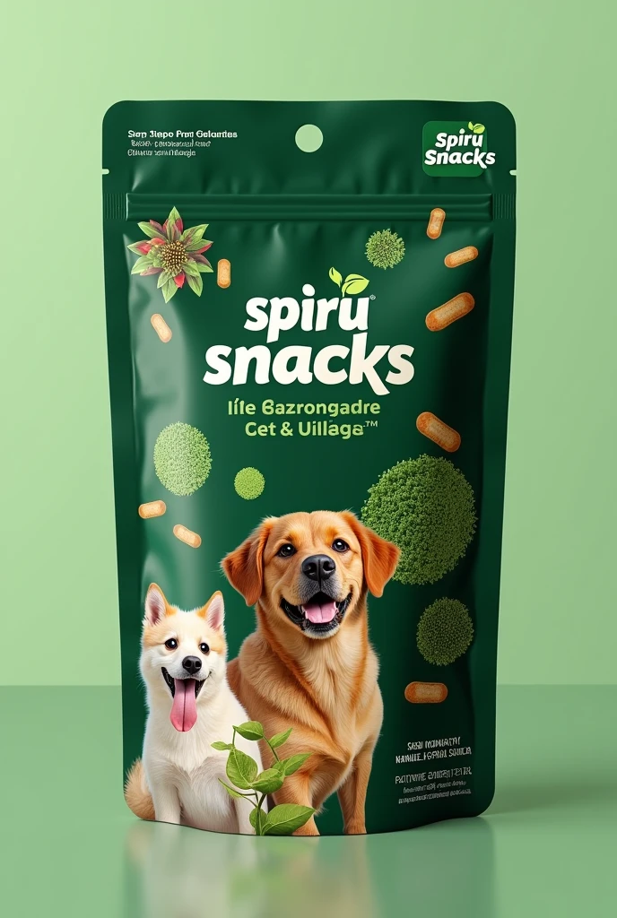 A gel snack for dogs that comes in a bar-shaped sachet packaging that is longer than wide (like the Churu's for cats) that has the brand name SpiruSnacks, with images of dogs and that looks healthy, Its main color is dark green and there are images of immunity and microbiota and everything written is in Spanish and there is a photo somewhere of spirulina, which is a green powder.