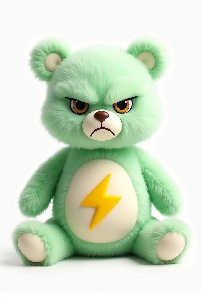 light green teddy bear with an angry expression. White background with a lightning bolt symbol on the stomach.