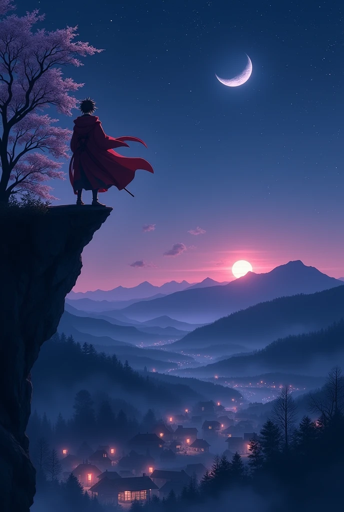 Create a wallpaper for my notebook, with the proportions of a notebook, about the anime demon slayer, preferably with the scenery at dusk or night