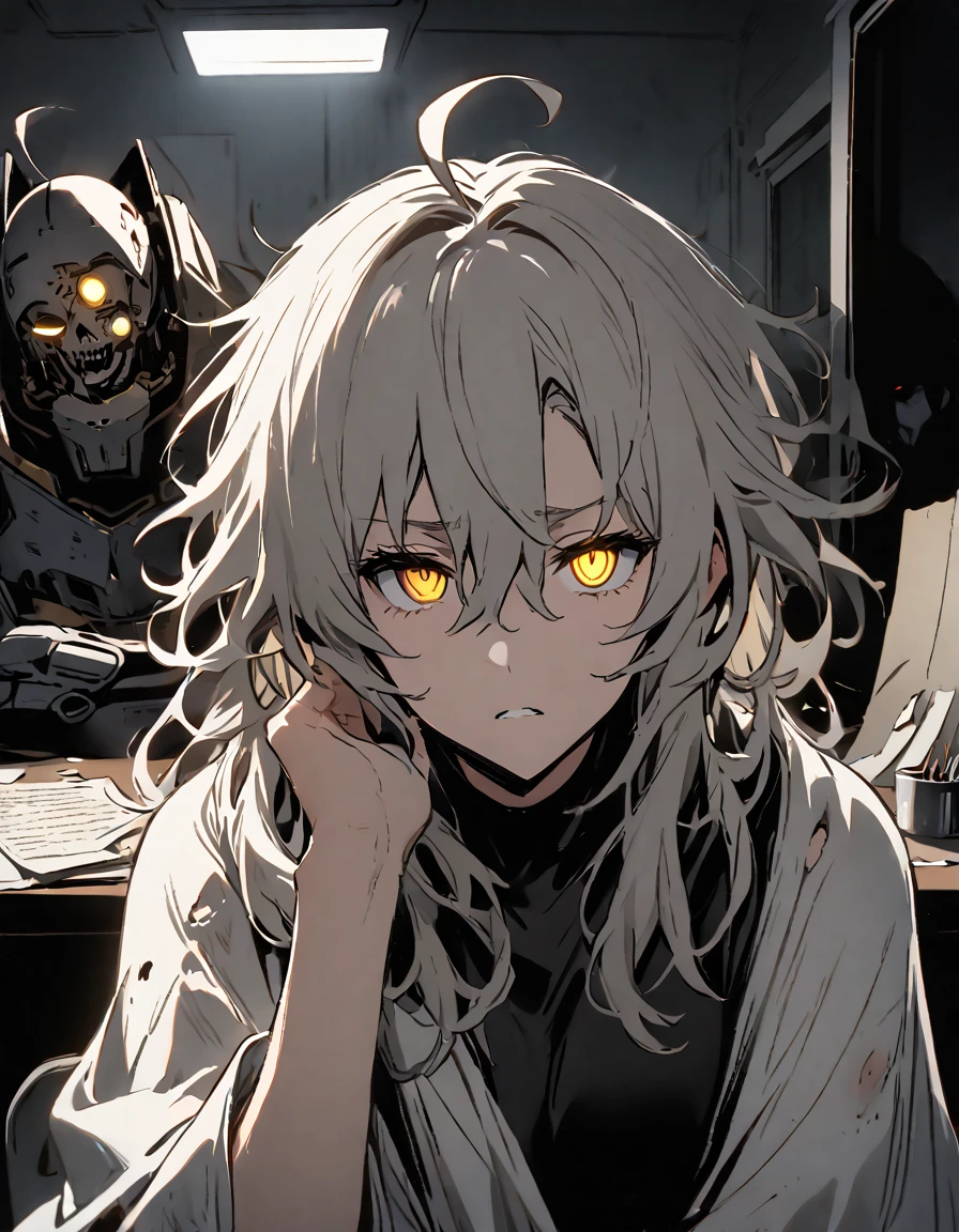 mature, Golden eyes, looking at viewer, female, hospital room background, messy hair, grey shoulder-length hair, parted lips, hair between eyes, ahoge, background in low light, dark, night, emotionless, damaged left eye, exposed eye socket, robot, white cloak, black shirt, robotic left eye, sitting down, desk, papers, glowing eyes, frown, hand on face, damaged arms