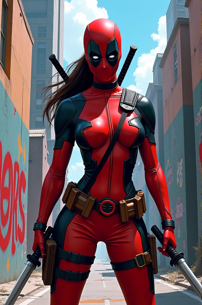 Deadpool as female, tight suit, beautiful curves