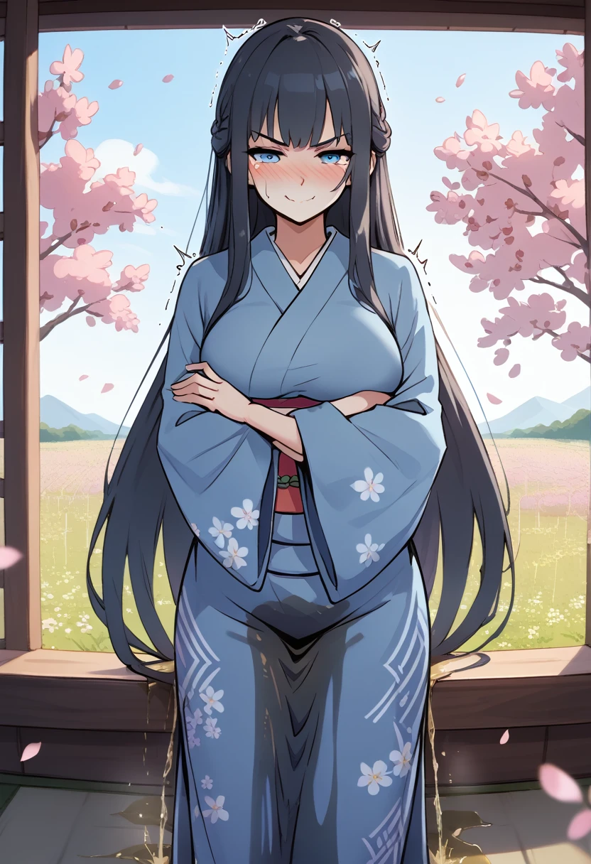 1girl, woman, (wetting self:1.75), desperation, (very long hair:1.5), straight hair, very long bangs, huge breasts, black hair, blue eyes, furisode, kimono, blue kimono, yellow furisode, (blushing:1.5), aroused, orgasm, (smirk:1.5), (wavy mouth:1.25), (tears:1.25), (trembling:1.5), (arms crossed:2.0), field, cherry blossoms