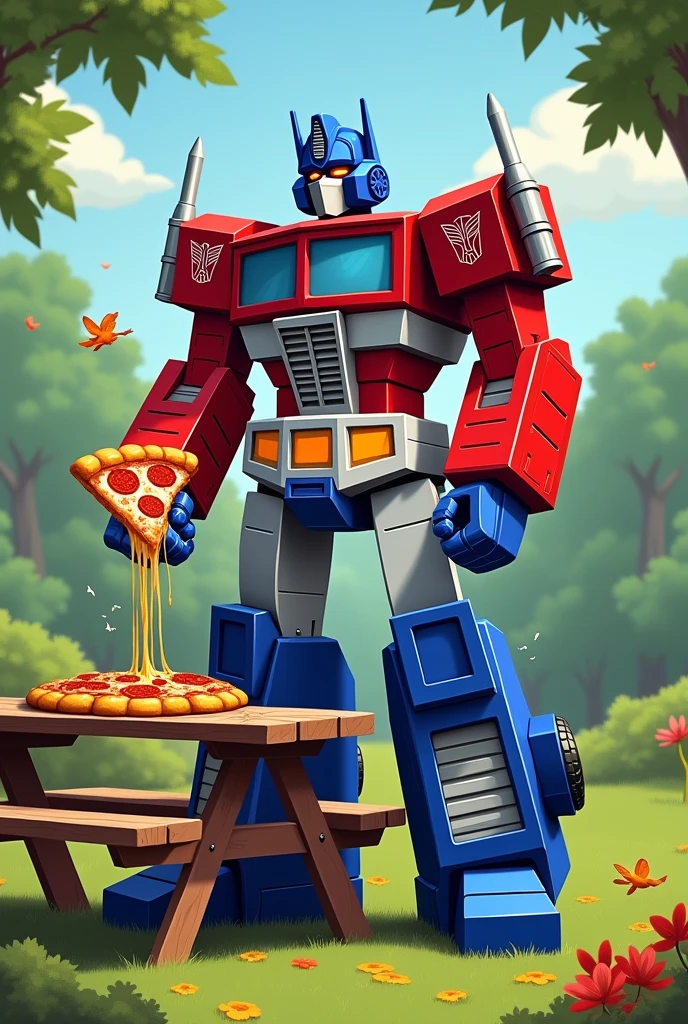 Optimus Prime from Transformers G1, wearing 'Crocs' sandals on their feet while eating pizza