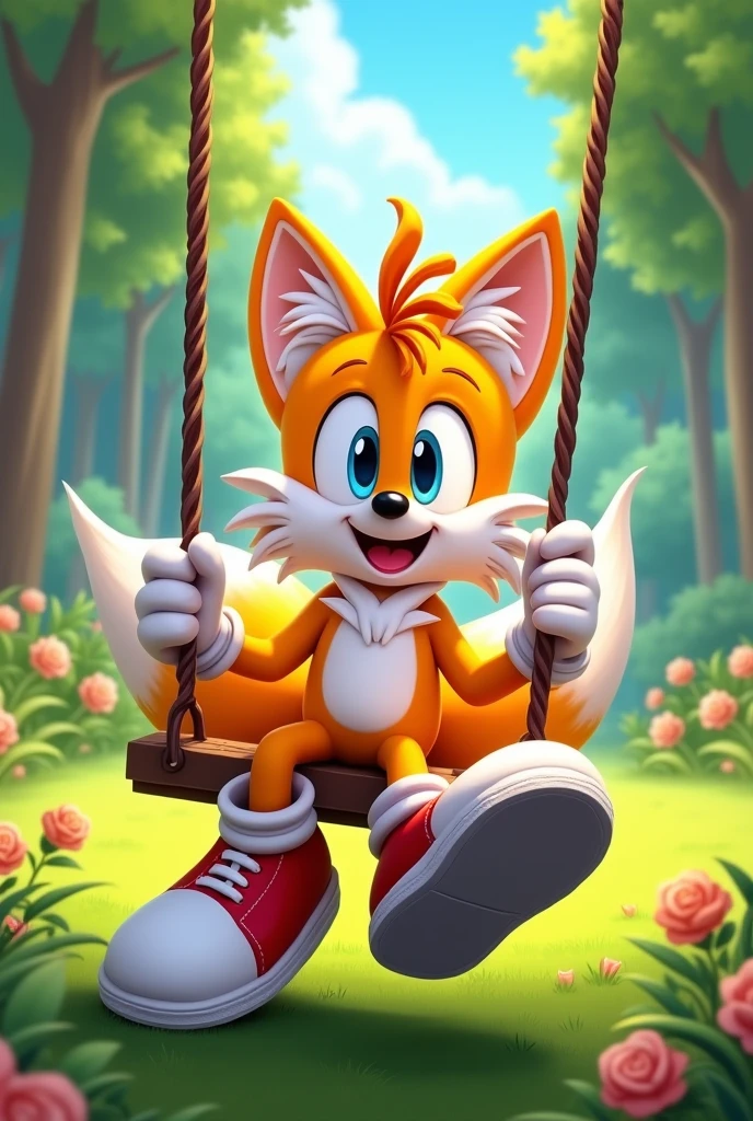 Tails Prower, Miles Prower, solo, looking at viewer, smile, 1boy, sitting on a swing full body, 2d animation with his shoes and gloves on 