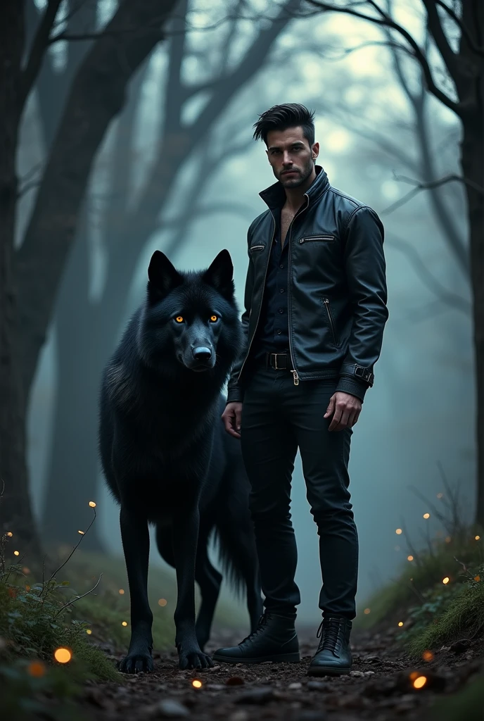 A black-haired man with a black werewolf by his side