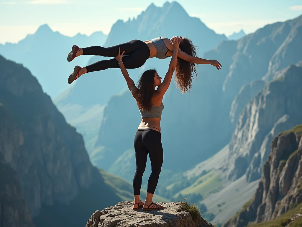 Beautiful young woman lifting a large man high over her head with her strong arms. She is very muscular with 6pack abs and huge breasts. She is standing on a cliff with tall Mountains in the background. She is dressed in hotpants and tank top. He is terrified, amazingly detailed,photorealistic portrait,(best quality,4k,8k,highres,masterpiece:1.2),ultra-detailed,(realistic,photorealistic,photo-realistic:1.37),HDR,UHD,studio lighting,extremely detailed face and body,beautiful detailed eyes,beautiful detailed lips,extremely detailed eyes and face,long eyelashes,powerful expression,dynamic action pose,dramatic lighting,vivid colors,cinematic composition