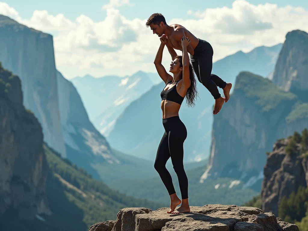 Beautiful young woman lifting a large man high over her head with her strong arms. She is very muscular with 6pack abs and huge breasts. She is standing on a cliff with tall Mountains in the background. She is dressed in hotpants and tank top. He is terrified, amazingly detailed,photorealistic portrait,(best quality,4k,8k,highres,masterpiece:1.2),ultra-detailed,(realistic,photorealistic,photo-realistic:1.37),HDR,UHD,studio lighting,extremely detailed face and body,beautiful detailed eyes,beautiful detailed lips,extremely detailed eyes and face,long eyelashes,powerful expression,dynamic action pose,dramatic lighting,vivid colors,cinematic composition