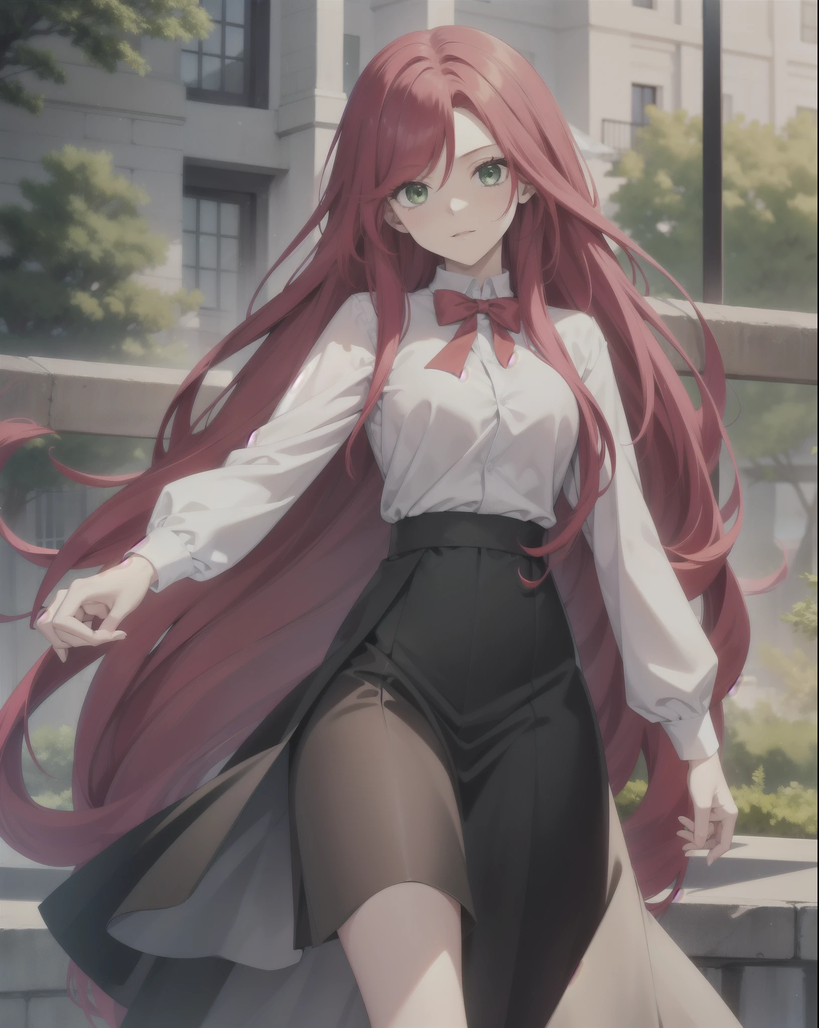 1girl,amy, long hair, red hair, green eyes, suit with long skirt, white shirt