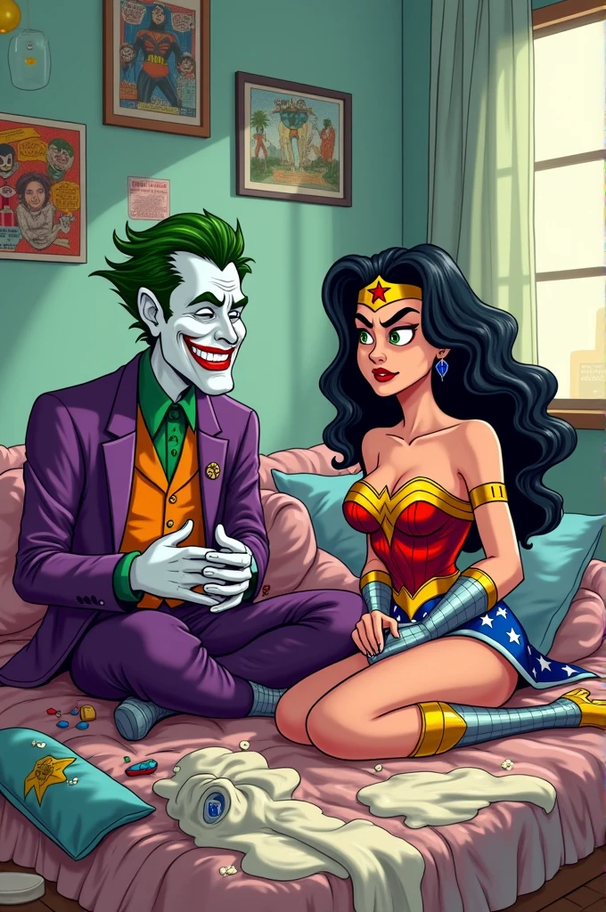 joker and wonder woman cartoon sitting on bed. joker looks embarrassed and apologetic, wonder woman looks angry and covered in salad cream. photo realistic