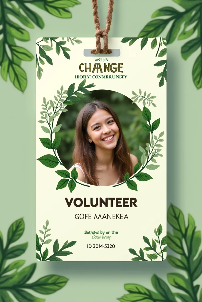 Make a id card. The organisation name would be "HOPE AND CHANGE" and it would be in the top. there would be persons pic in the middle and under their pic there would be the person name and his below his id no. And the theme would be plant.  Make it greenish. Make it unique. Make it like a fest volunteer card
