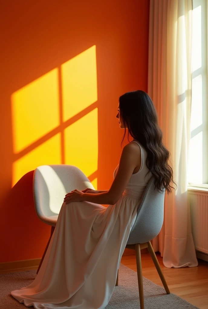 A room with orange walls and a grey floor, featuring a woman in a white dress sitting on a chair.