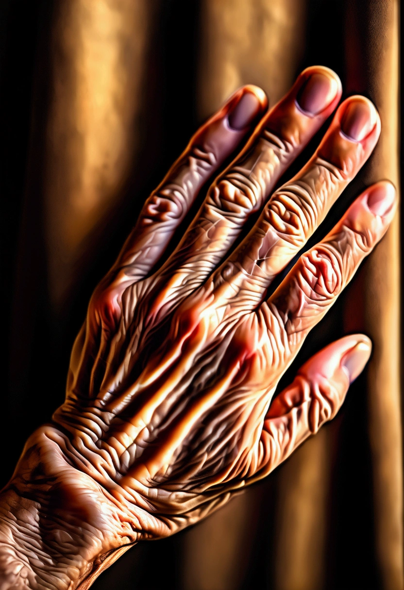 Hand, Close-up of Hands, a close-up portrait of a person's hands, detailed skin texture, veins, wrinkles, delicate fingers, intricate gestures, warm lighting, soft focus, cinematic composition, dramatic chiaroscuro, hyper-realistic, rich tones, oil painting, masterpiece, best quality, very aesthetic, absurdres