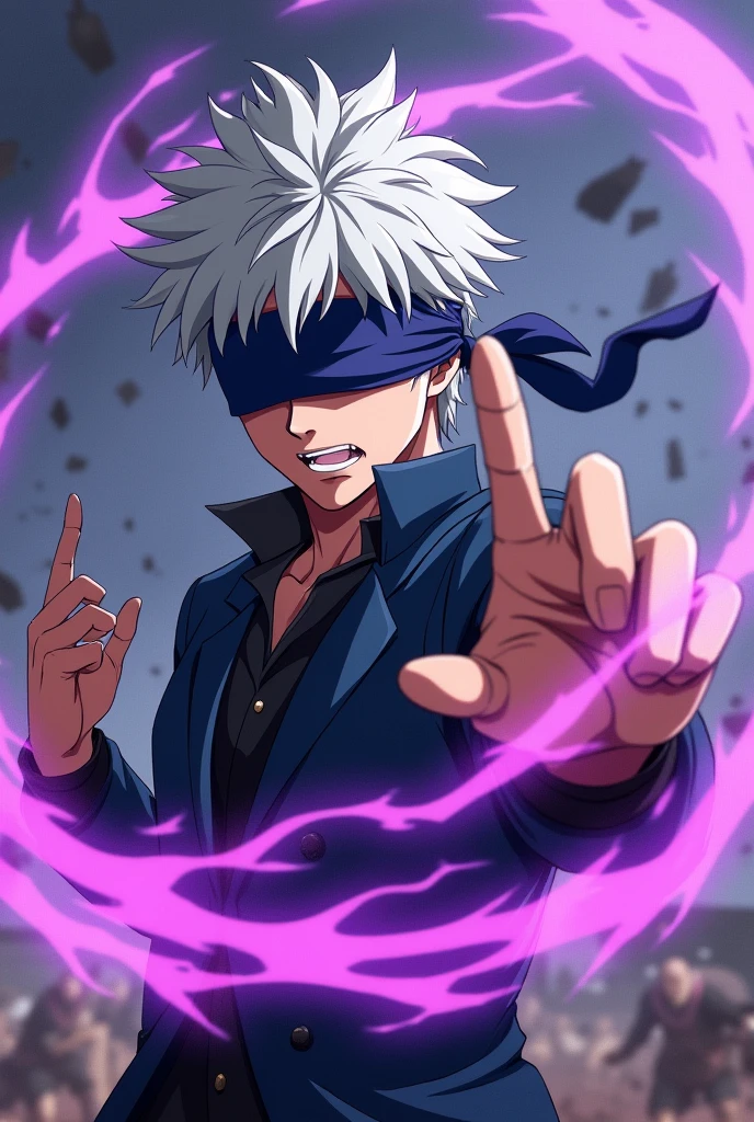 Satoru Gojo, Youngh,27 year old, white hair up,blindfolded,large sale up to the eyebrow, middle finger crossing with the index finger,Purple Spell,anime image.